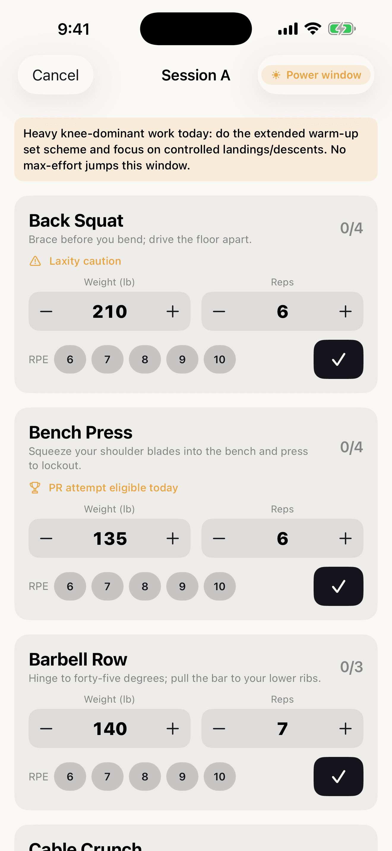 Phase in-session logging screen showing Back Squat 210 lb x 6 with RPE selectors